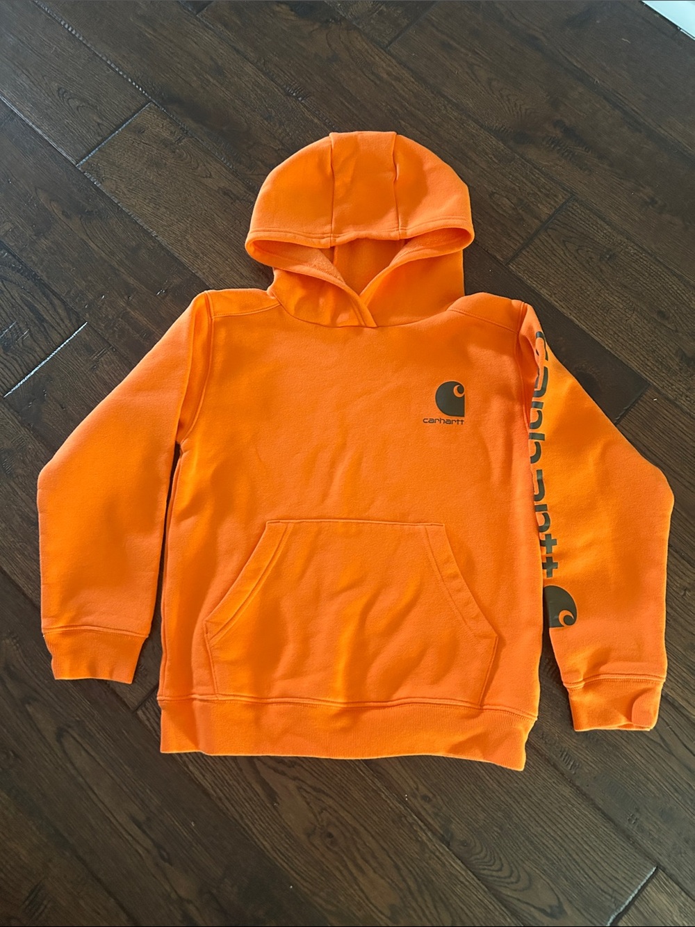 Carhartt Kids Orange Pullover Hoodie with Sleeve Logo